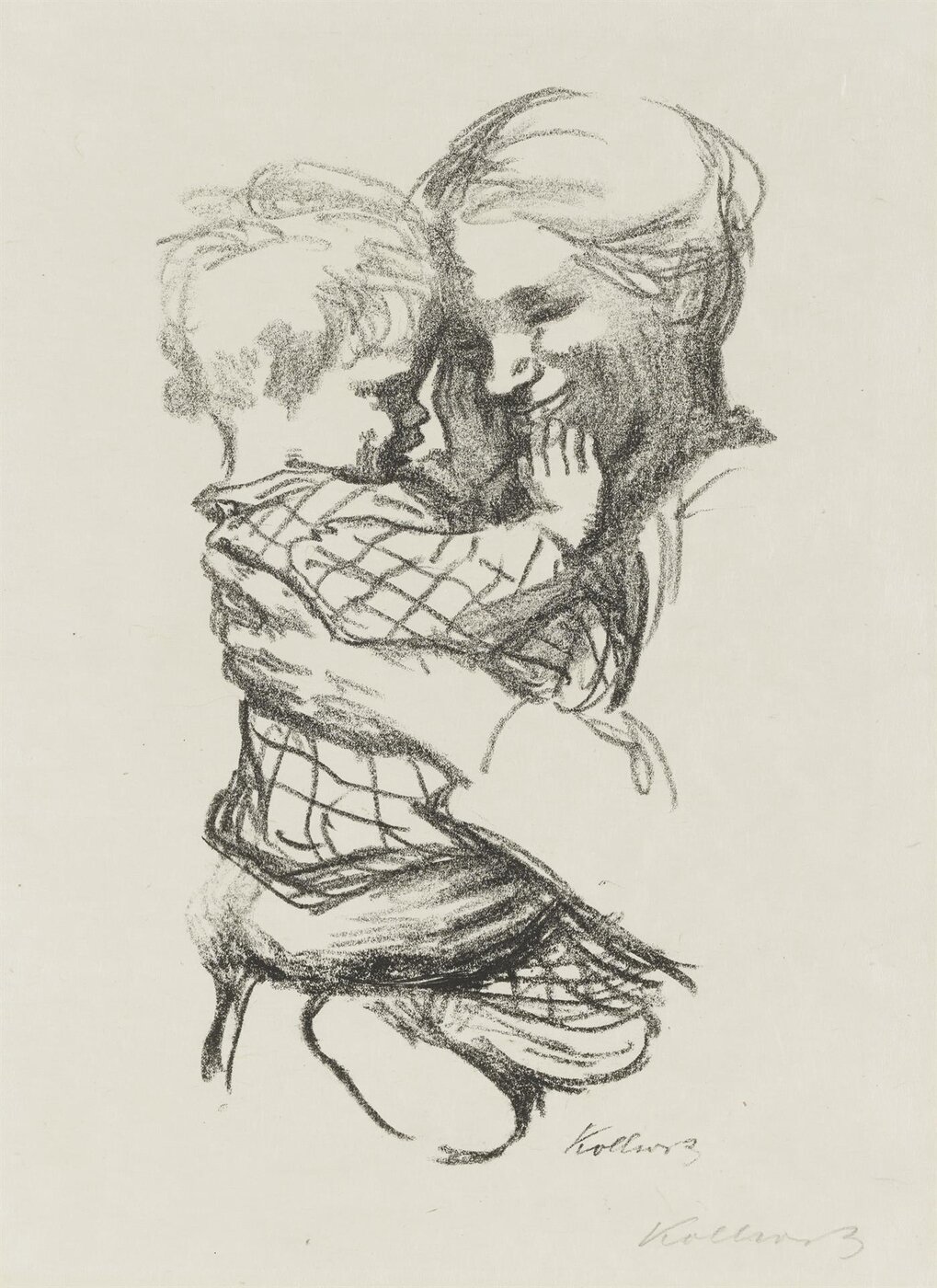 Mother and Child by Käthe Kollwitz. A mother holding a child closely, drawn in lithographic charcoal.