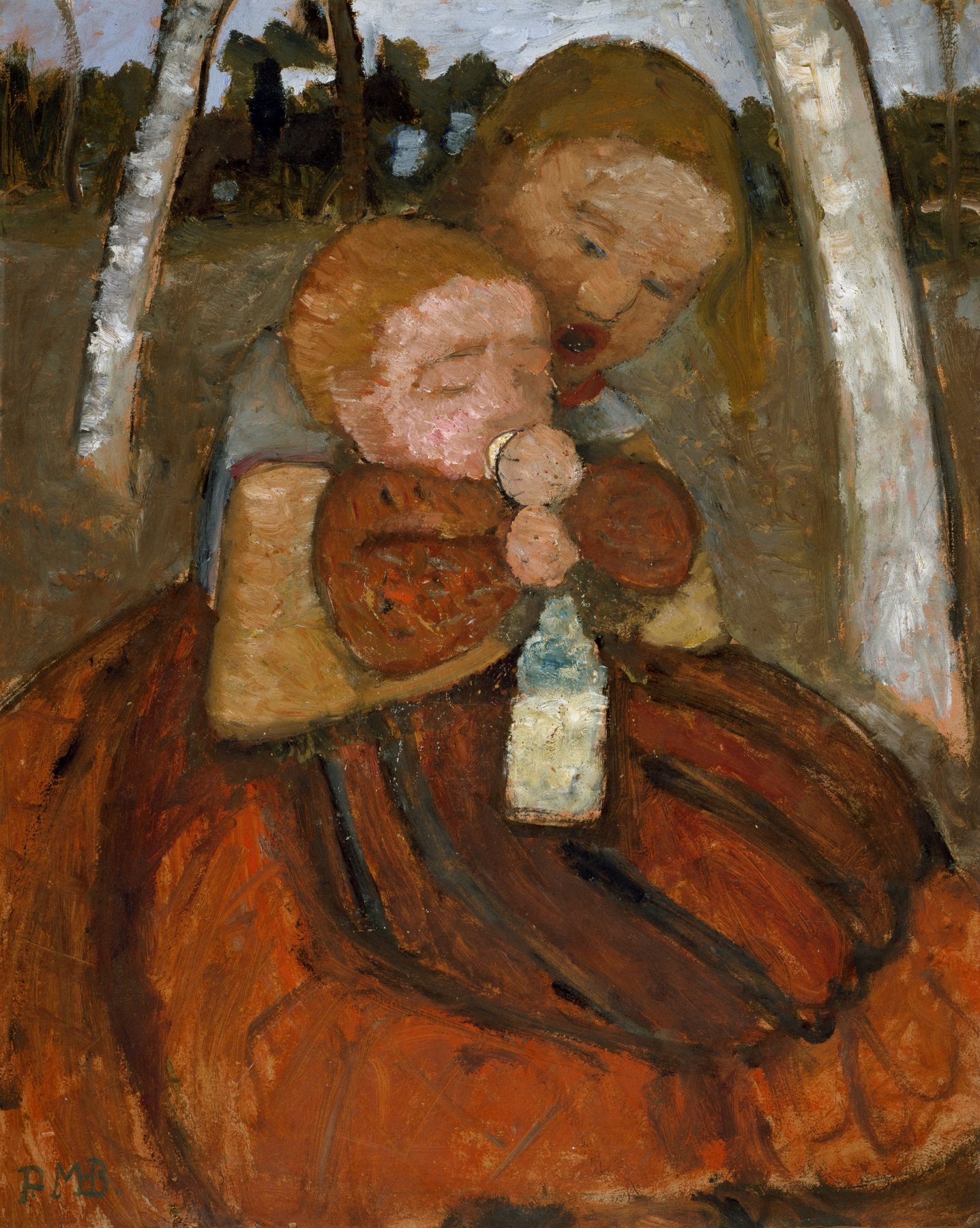 Girl with Small Child by Paula Modersohn-Becker, 1905. An older child holding a younger one safely against her, in a quiet outdoor setting.